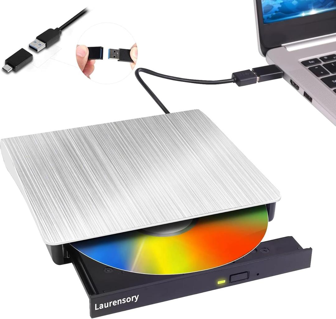 External DVD Drive USB 3.0 Type-C USB Portable Player for Laptop CD DVD +/-RW Disk Drive CD ROM Burner Writer CD/DVD Burner Compatible with Desktop Windows Linux OS Apple MacBook, Silver