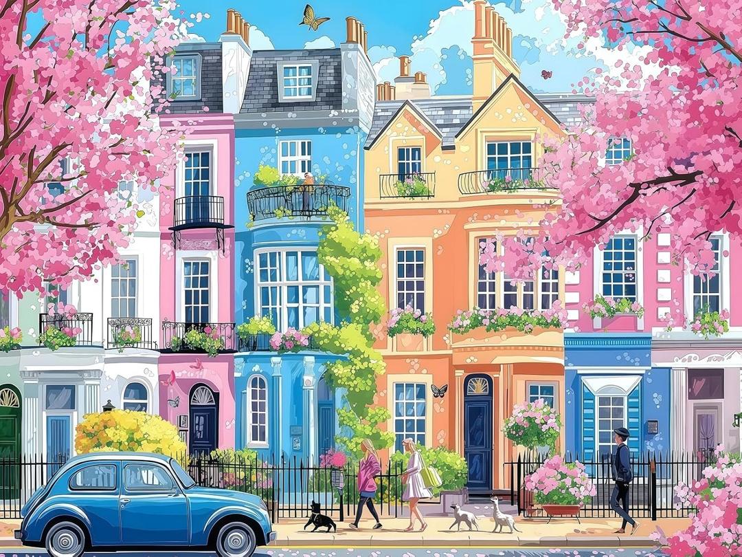 CSZPPQAF Cherry Blossom Paint by Numbers for Adults Beginner, Colorful Architecture Paint by Number Kits on Canvas, DIY Street Scenery Oil Painting for Home Wall Decor 12X16inch
