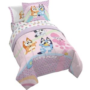 Jay Franco Kids Comforter Set Includes Sheets and Pillow Covers - Soft and Cozy Bed Set for Stylish Room Decor, Pink - Bluey 5 Piece Twin Size Bedding