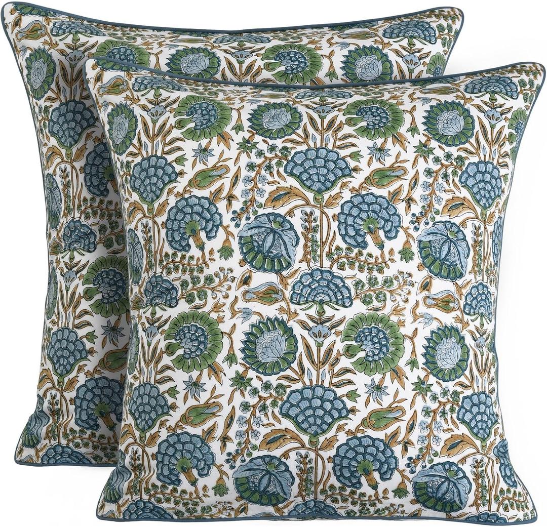 Ridhi Asparagus Green Print Cotton Throw Pillow Covers for Decorative Couch Pillows for Living Room, Chic Boho Cute Outdoor Thanksgiving Pillows Covers Gifts 18x18 Inches