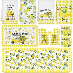 Fourluoo 10 Pcs Lemon Kitchen Decor Set Dish Towels Kitchen Rugs Oven Mitts and Pot Holders for Cooking Baking Grilling Women Mom Gift