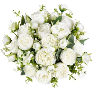 Mkono Peonies Artificial Flowers, Small Silk Flowers for Home Decor Indoor Fake Bouquet Faux Floral Arrangements Dining Table Centerpieces for Kitchen Party Decor White