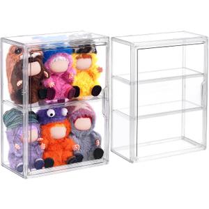 2 Pack Acrylic Display Case for Collectibles, Clear Adjustable Figure Display Case with Magnetic Door, Stackable Storage Box Showcase with 2 Shelves for Action Figures, 15-17cm Dolls, Toys