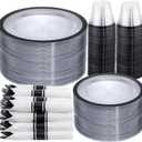 I00000 350 Pcs Clear and Black Plastic Plates,Black Dinnerware Set, Include 50 Dinner and 50 Dessert Plates,50 Plastic Cups,50 Pre Rolled Napkins with Cutlery for Graduation,Party