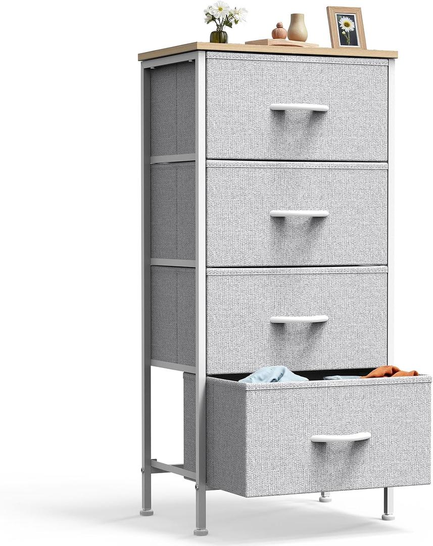 DUMOS Nightstand with 4 Drawers Bedside Table with Removable Fabric Bins Sturdy Steel Frame Wood Top Organizer Furniture for Bedroom Closet Living Room,Light Gray, 11.82"d X 17.71"w X 37.4"h