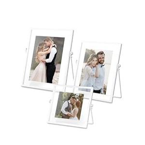 AceList Set of 3 Glass White Photo Frame Collection Simple Metal Geometric Picture Frame with Glass Cover Includes 4 x 4, 4 x 6, 5 x 7