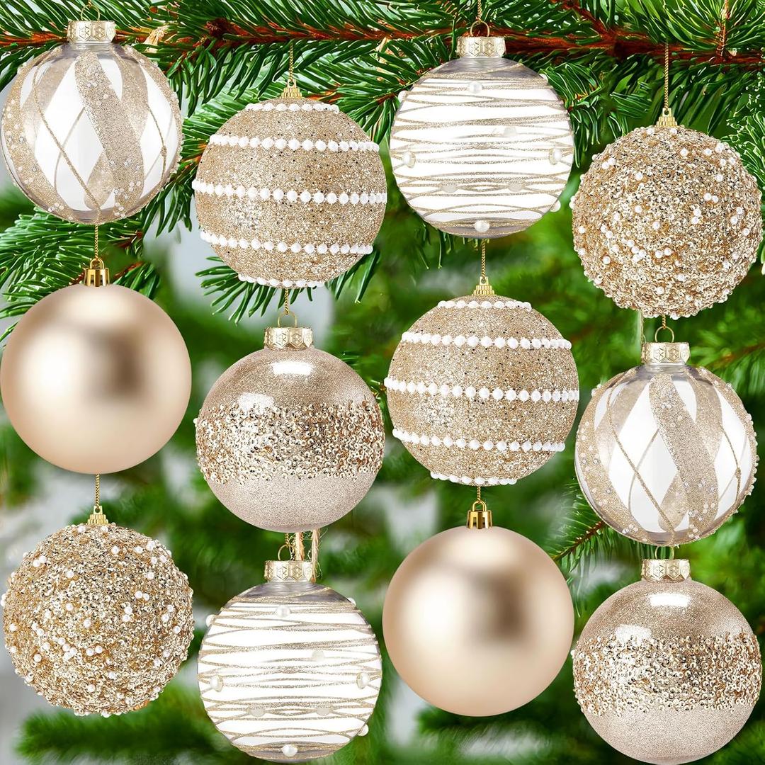 Lyrow 12 Pcs 4 inch Christmas Balls Ornaments Glitter Shatterproof Christmas Decorations Tree Balls Sparkly Holiday Ornaments Bulk for Xmas Trees(Champagne Gold)