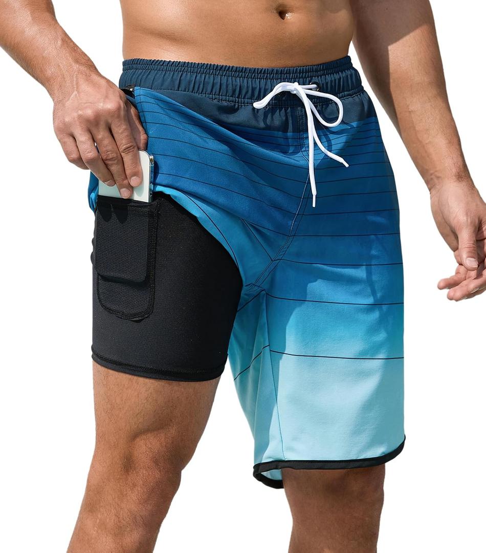 Mens Swim Trunks with Compression Liner 9 Inch Quick Dry Bathing Suit Board Shorts with Zipper Pockets (Blue) 36