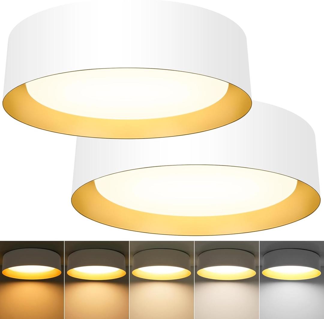 BrightHome Flush Mount Ceiling Light White, 13in 2600LM 25W, LED Ceiling Light Fixture 5CCT 2700K 3000K 4000K 5000K 6000K, Dimmable Ceiling Lamp for Bedroom Hallway, 2 Packs, White and Gold