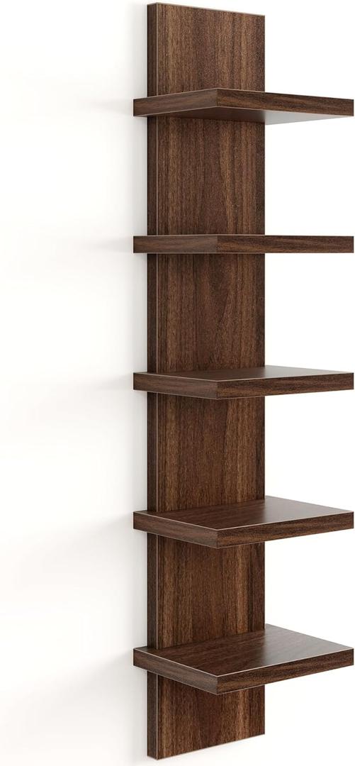 Fun Memories 5 Tier Wall Shelf Unit, Decorative Wall Mount Vertical Shelving, Floating Storage Home Decor Organizer Tall Tower Design Utility Shelving Bedroom Living Room, Walnut