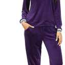 Irevial Women's Striped V Neck Velour Tracksuit Two Piece Sweatsuits Sets with Pocket (Small, Purple)