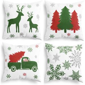 CaliTime Christmas Throw Pillow Covers Decorative 18 X 18 Inches Set of 4 Cozy Fleece Trees Deers Car Snowflakes Cushion Cases for Couch Sofa Bed Living Room Farmhouse Christmas Green Red