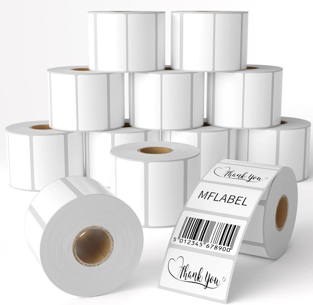 MFLABEL 12 Rolls Thermal Shipping Labels (12,000 Labels) - 2.25 x 1.25 Inch Direct Thermal Perforated Stickers for FBA, Barcode, SKU, Packaging Compatible with Zebra, Rollo, Munbyn Thermal Printers