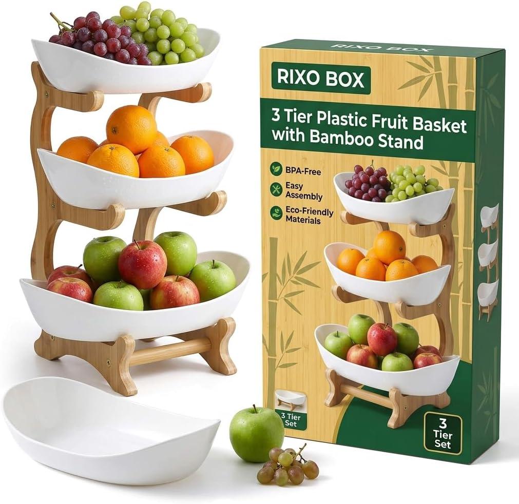 3 Tier large fruit bowl for Kitchen Countertop, Plastic Fruit Holder Rack with Bamboo Wood Stand,Tiered Fruit Stand, Fruit Basket for Kitchen Counter|Snack Organizer, Fruit Storage bowls