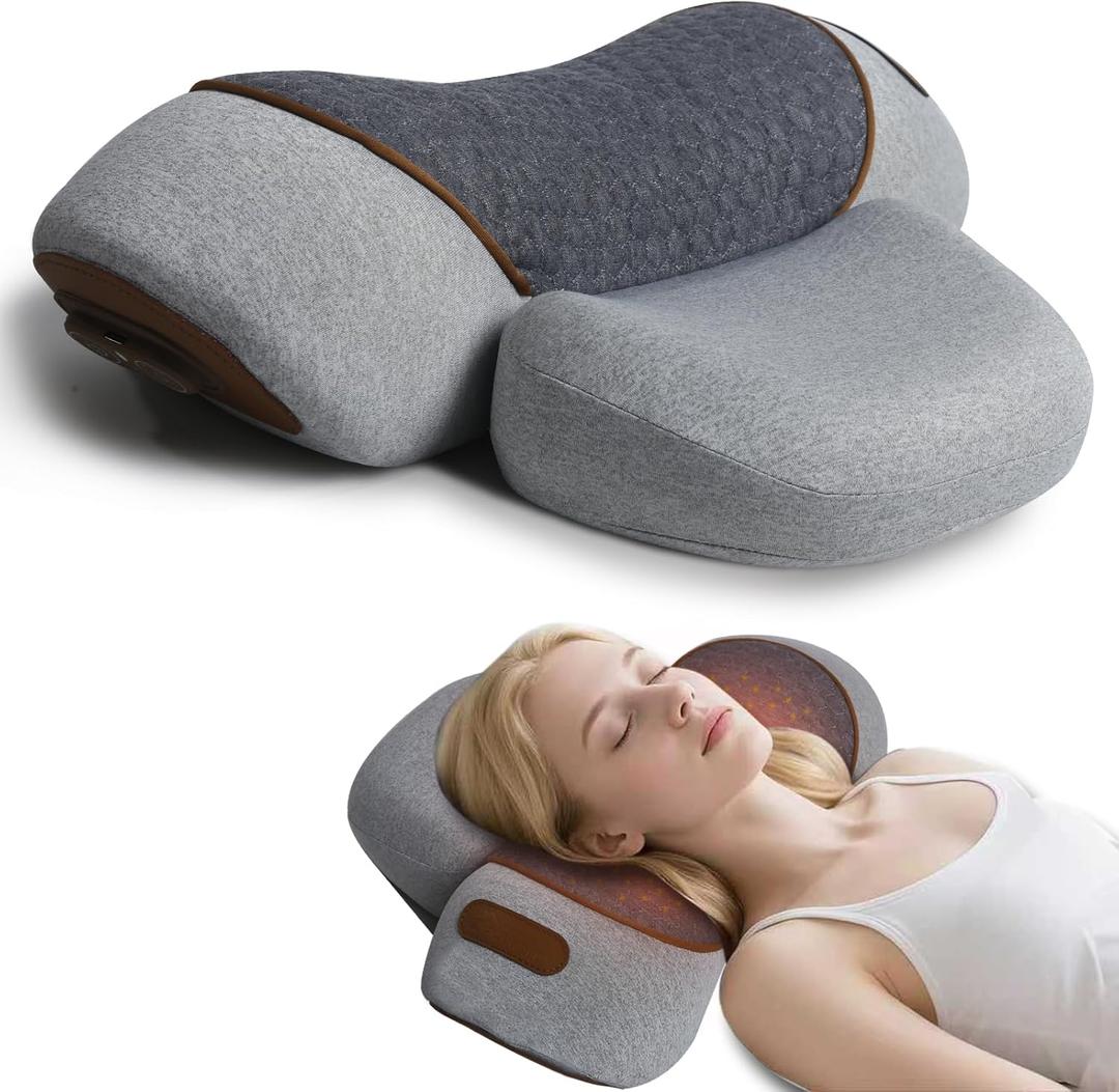 3-in-1 Neck Massager Pillow, Traction Massager with Massage Hot Compress Traction Stretching, Pillow Massage Neck Hump with 118-inch Extra-Long Cord, Light Gray