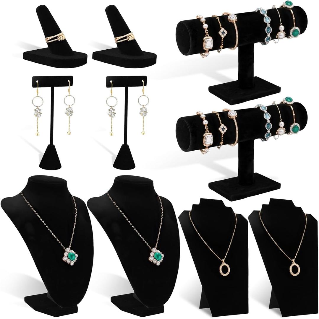 10 Pcs Black Velvet Jewelry Display Sets, Necklace Display Stand Foldable Ring Holder Bracelet Holder T Shape Earring Stand Jewelry Stands and Displays for Home or Store Show