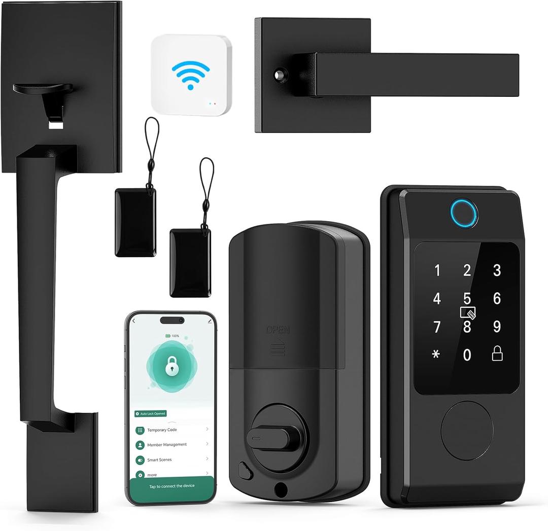 WiFi Front Door Lock Sets with Handle, Fingerprint Keyless Entry and Smart Keypad with Lever Handles, Electronic Screen+WiFi Gateway, APP Control, Auto-Lock, Voice Control (Black)