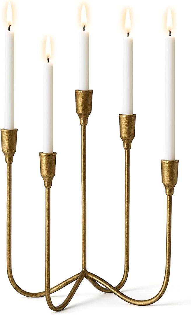 1 Pcs Christmas 5-Candle Cast Iron Tabletop Candelabra 5 Candle Metal Candelabra 17 Inch Candlestick Holders for Christmas Table Mantel Dinner Wedding Gift(Candle Not Included)