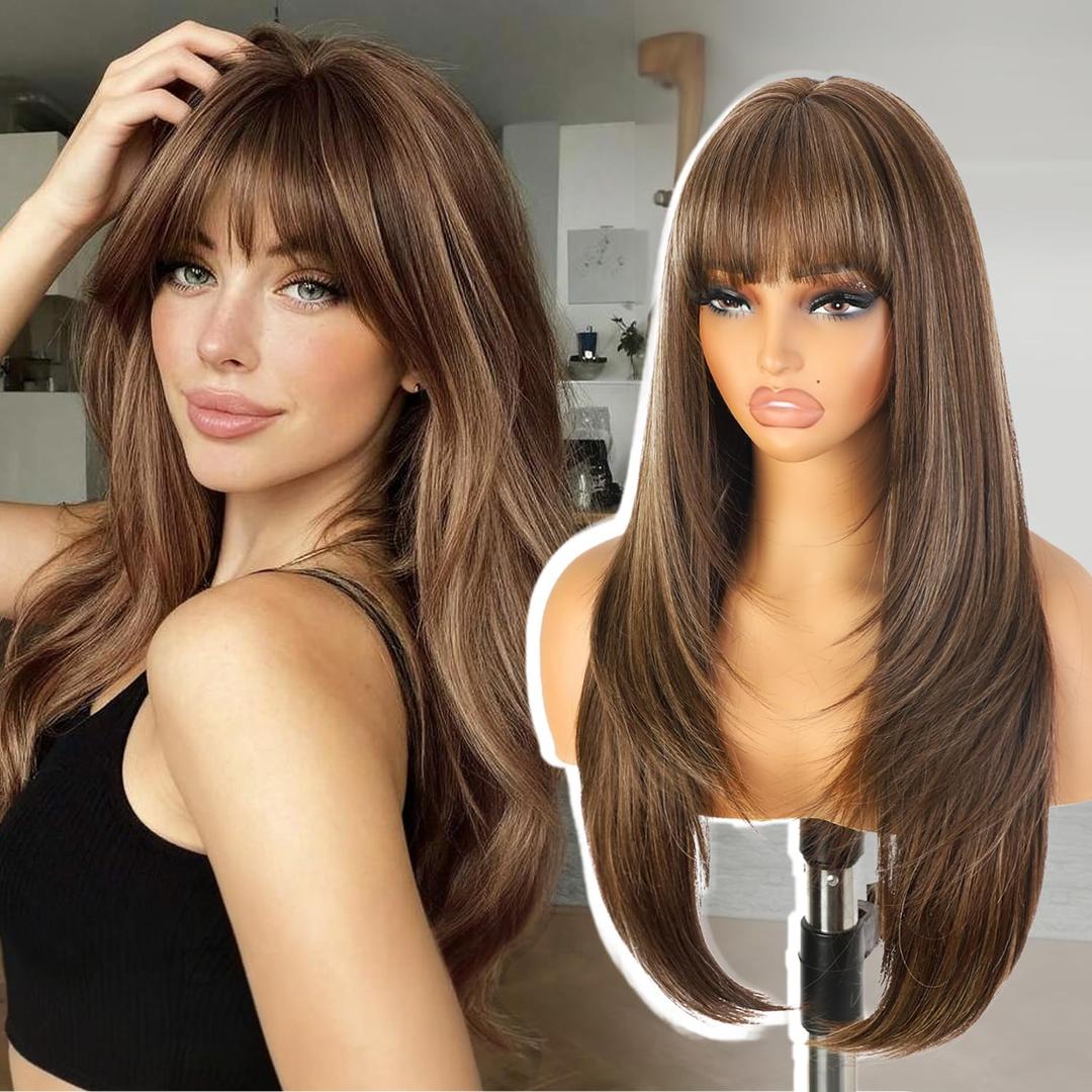 ENTRANCED STYLES Long Mixed Brown Wig with Bangs 26Inch Straight Layered Wig for Women Synthetic Heat Resistant for Daily Party Use (Brown Miex Highlight)