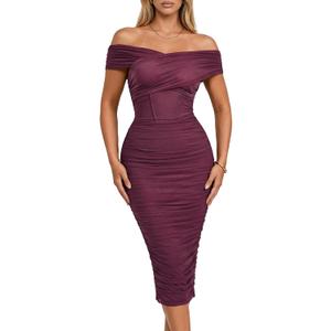 Women's Convertible Off Shoulder Neckline Special Occasion Party Ruched Bodycon Mesh Dress with Built-in Bra (Purple, L)