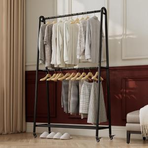 Heavy duty clothes rack,Double Rods Clothing Rack with Wheels,Rolling garment racks for hanging clothes for bedroom Living room Boutique (black)