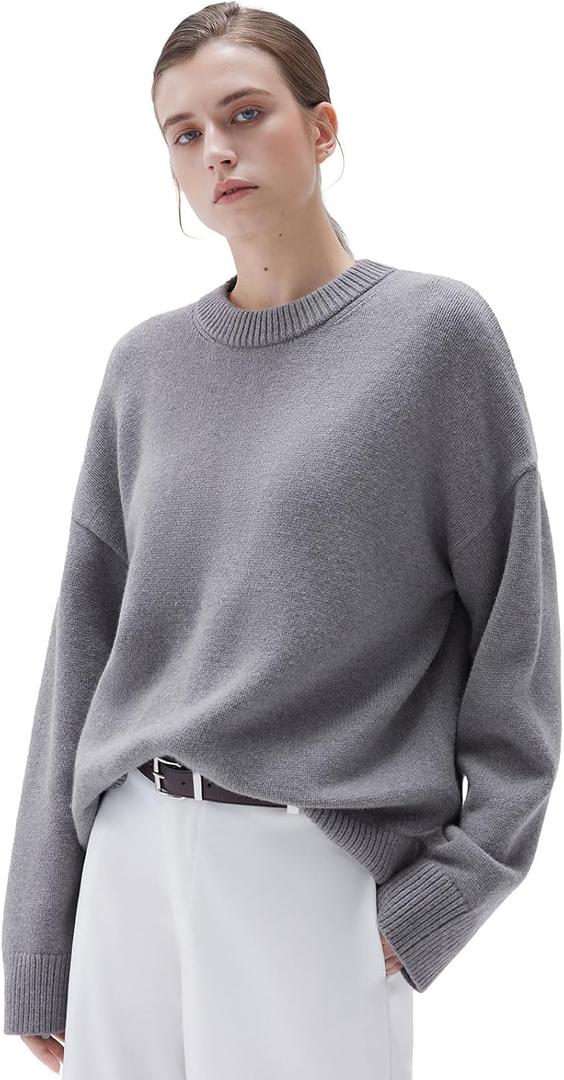 SUUKSESS Women Cashmere Blend Oversized Crew Neck Long Sleeve Pullover Sweaters (Large, Heather Grey)