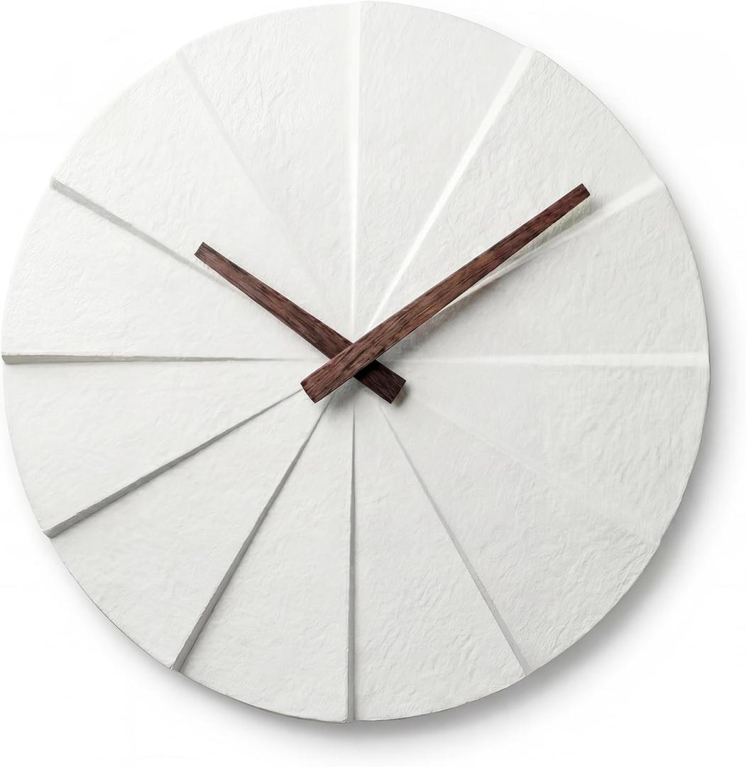 Staircase Modern Wall Clock - Unique 10.5 in. Frameless Concrete Design - Contemporary, Minimalist Decor; No Numbers - Silent Battery Operated Clocks with Decorative Wooden Hands; White