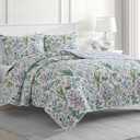 Martha Stewart 100% Cotton 3 Piece Reversible Quilt Set, Washed, Percale Green/White, 1 Quilt, 2 King Shams, Soft and Breathable, Lightweight, Secret Garden Floral Printed Bedspread, King Size