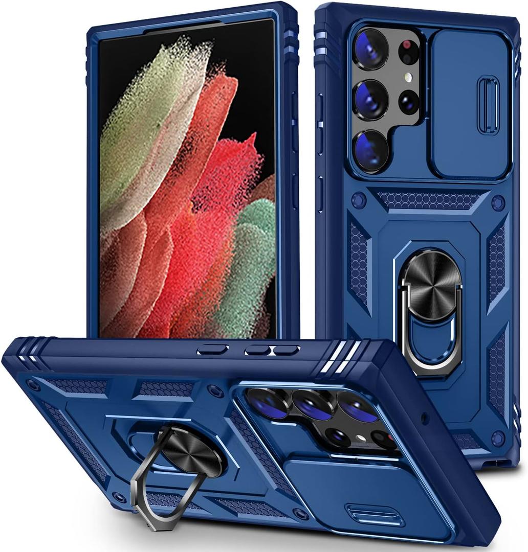 for Samsung Galaxy S23 Ultra Case Military Grade Drop Shock Protection Cell Phone Cover with Slide Camera Cover Built-in 360 Rotate Ring Stand for S23 Ultra 6.8 - Blue