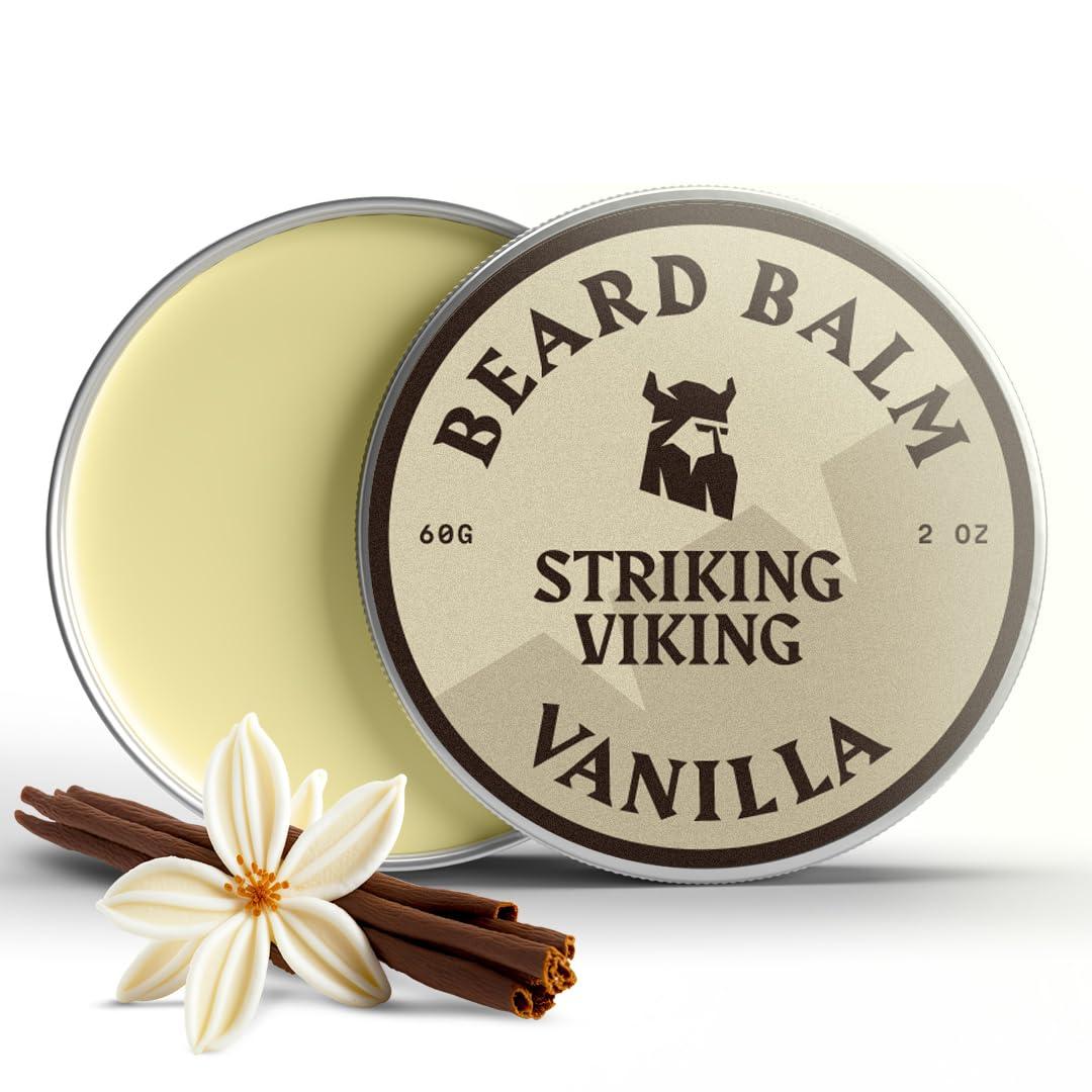 Striking Viking Beard Balm for Men  Light Hold, Vanilla, 2 Oz - Leave-in Beard Conditioner with Shea Butter, Tea Tree, Argan & Jojoba Oils - Smooth, Shape, Moisturize & Soften Coarse, Dry Facial Hair (2 Ounce (Pack of 1))