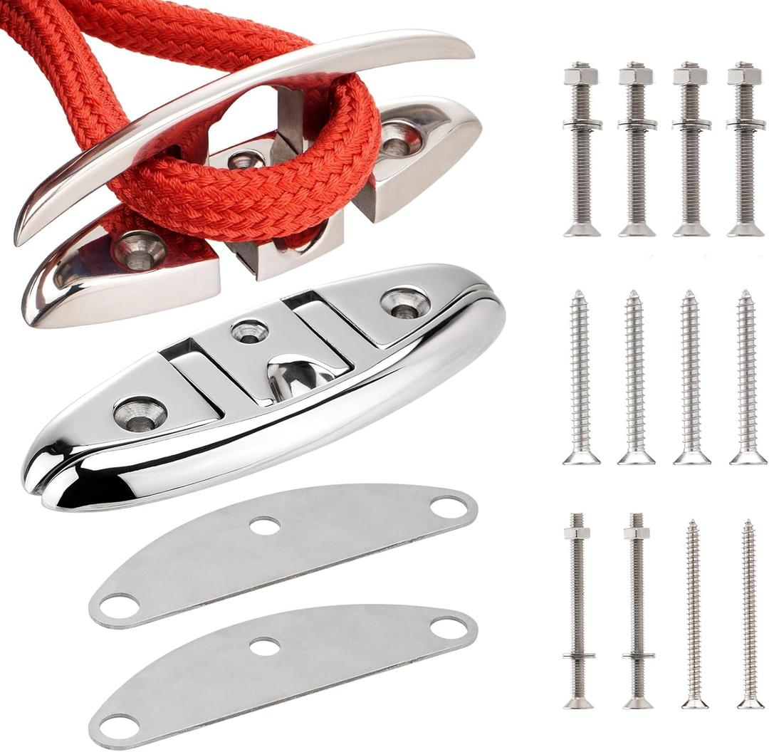 Racewill 2 Pack 5 inch Boat Folding Cleats, 316 Stainless Steel Flip-up Marine Dock Rope Cleats with Backing Plates and Screws, Compatible with Kayak Yacht Ski Boat