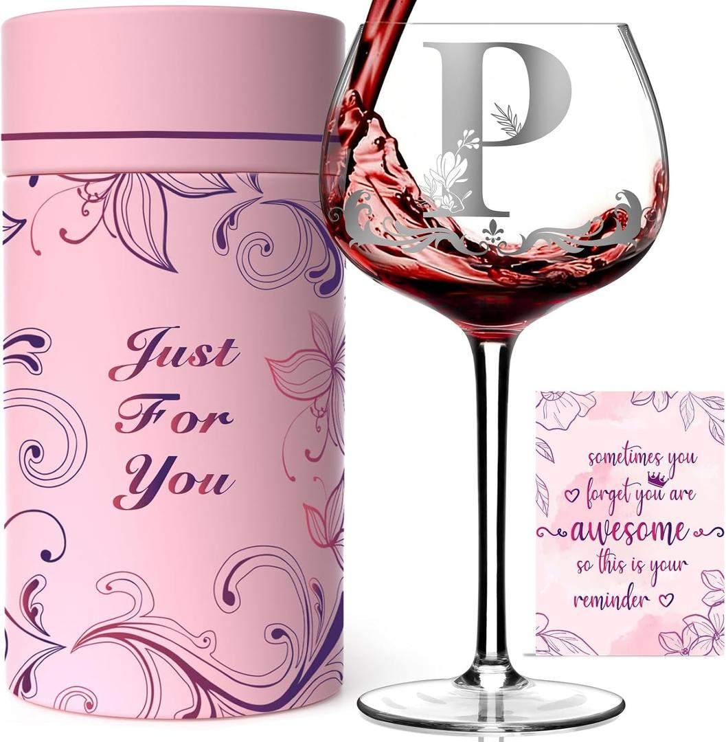 Personalized Monogram Gifts for Women - Customized Initial A-Z Wine Glass, Unique Birthday Wine Gifts for Friend, Her, Mom, Wife, Sister, Daughter - 16oz Elegant Custom Stemmed Glassware (Letter P)