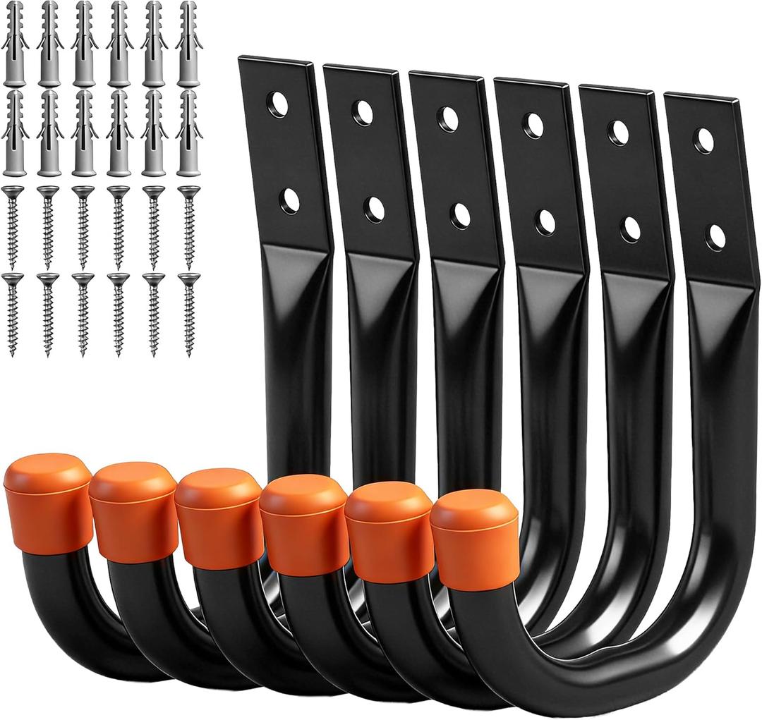 HORUSDY 6-Pack Heavy Duty Metal Wall Hooks, Large Garage Storage & Organization Hooks for Tools, Extension Cords, Ladders, and Bags, Wall Mount J Hooks for Indoor Outdoor Use, Black