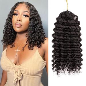 Micro Loop Deep Wave Knotless Pre-Separated Feather Crochet Human Hair Extensions Invisible Crochet Human Hair For Curly Braiding 60g (Natural black, 18inch)