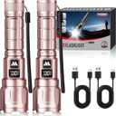 WdtPro LED Rechargeable Flashlight 2 Pack, 3 Modes Super Bright High Lumens Flashlights, Zoomable Tactical Flash Light with LCD Display, IP65 Waterproof Flashlights for Home Emergency Camping - Pink