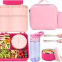Kids Bento Lunch Box with 8oz Soup Thermo, Water Bottle, Leakproof Lunch Food Containers with 4 Compartment, Kids Insulated Hot Food Jar with Lunch Bag for School(Pink)