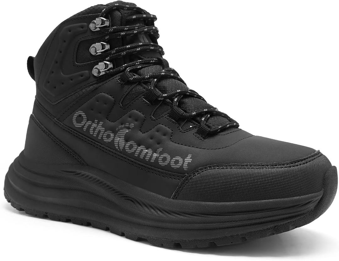 Men's Orthopedic Waterproof Hiking Boots: Comfortable Plantar Fasciitis Work Walking Running Trekking Shoes, Flat Feet Orthotic Mid Ankle Support Trail Sneakers for Foot and Heel Pain Relief (11.5, W1-black)