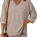 EVALESS Womens Summer Tops Trendy Dressy Casual 3/4 Sleeve Loose Solid Textured Tunic Tops Blouses Oversized T Shirts, Size: M
