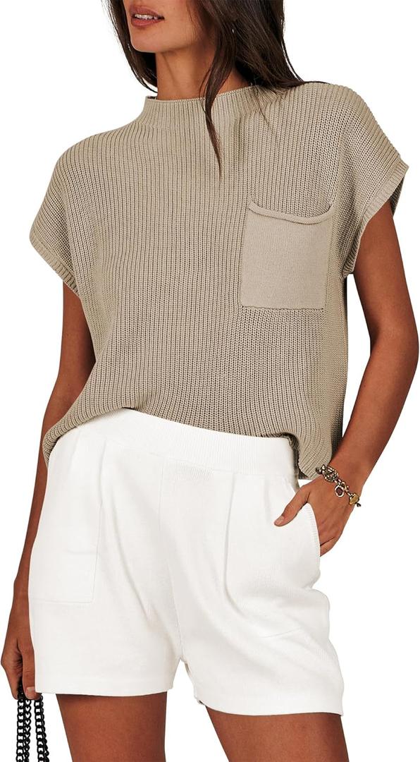 ANRABESS Women's Two Piece Summer Outfits Knit Sweater Short Sets Pullover Tops & Shorts Lounge Matching Clothes Set (Large, Khaki White)