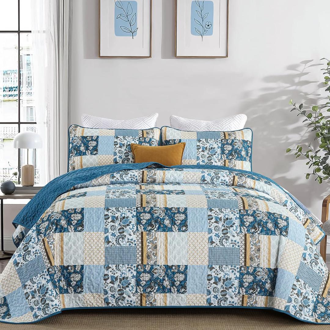WONGS BEDDING Quilt Set King Size Blue, 3 Pieces Summer Patchwork Plaid Bedspread Coverlet Set, Floral Soft Lightweight Microfiber Bedding Set for All Season(104"90)