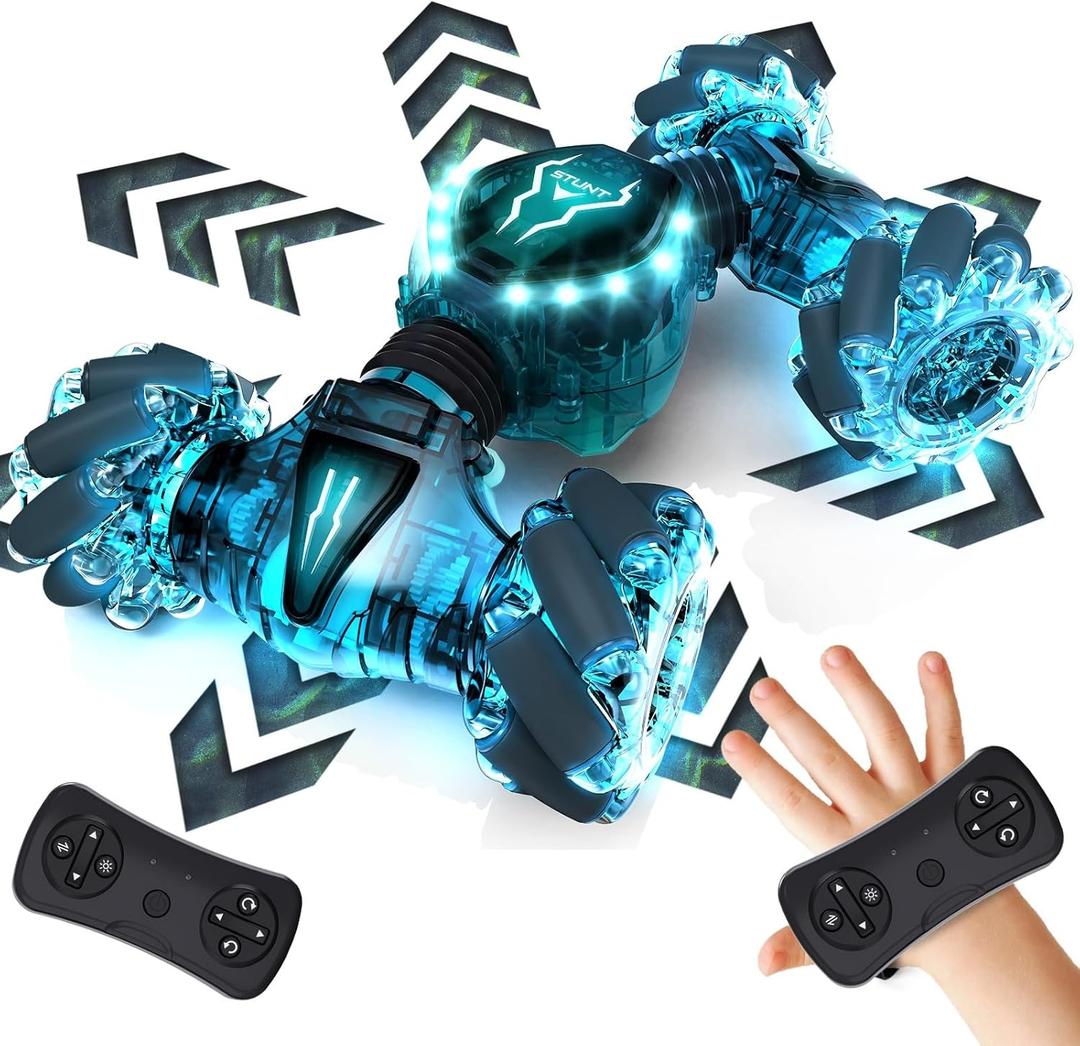 Tecnock Remote Control Car for Boys Girls, 2.4GHz 4WD Gesture Sensing RC Stunt Car Toys - 360 Rotating Double Sided Hand Controlled RC Cars with LED Lights, Gifts for Kids Ages 6-8, 8-12 (Deep Green)