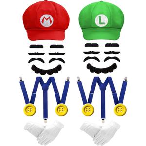 Red and Green Hat Costume Accessories Halloween Women Mens Kit with Hat, Mustaches, Suspenders, Gloves Buttons Adult