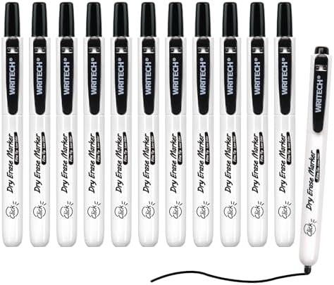 WRITECH Retractable Dry Erase Markers: Fine Point Clickable Black Colored Ink Marker Low Odor Erasable Thin Tip Refillable Whiteboard Marker Pen Set 12ct No Bleed Smear
