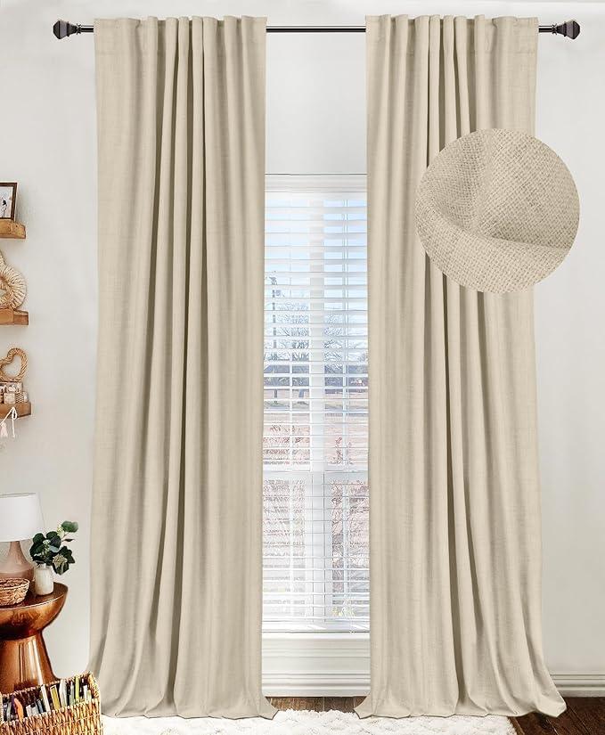 100% Blackout Shield Linen Blackout Curtains for Bedroom 108 Inches Long, Back Tab/Rod Pocket Living Room Drapes, Thermal Insulated Blackout Curtains 2 Panels Set, 50" W x 108" L, NaturalFlax