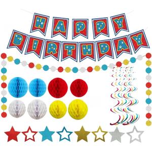 Cartoon Birthday Party Decorations, Party Supplies Happy Birthday Banner, Honeycomb Balls, Red Blue Theme Hanging Swirls, Circle Dots Garland, for Boys and Girls