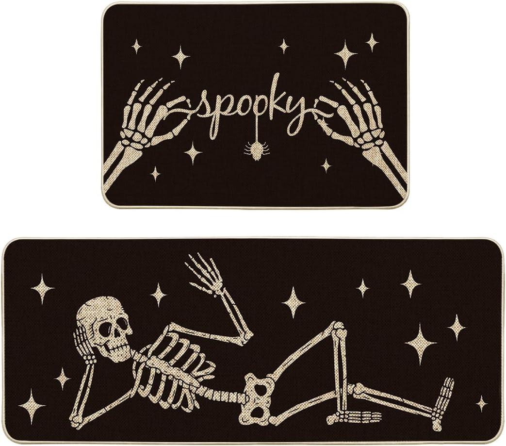 Artoid Mode Spooky Skeleton Spider Bone Black Halloween Kitchen Mats Set of 2, Black Home Decor Low-Profile Kitchen Rugs for Floor - 24x35 and 24x59 Inch