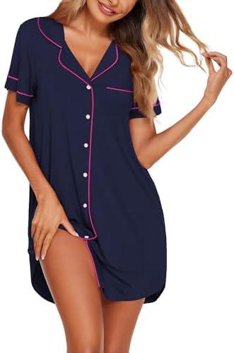 Ekouaer Nightgowns for Women Button Down Sleepshirt Short Sleeve Nightshirt Boyfriend Pajamas V Neck Nightdress, S