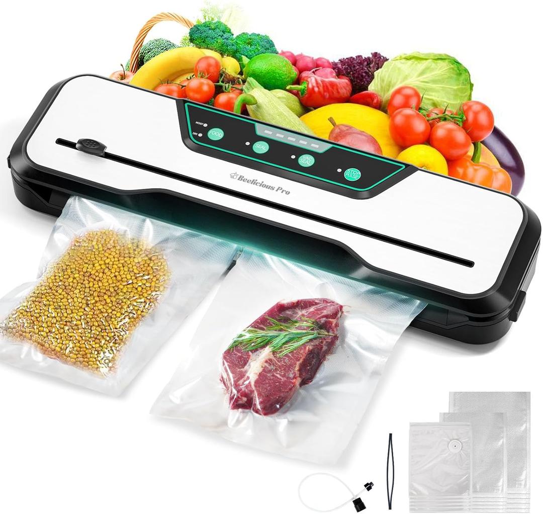 Automatic Food Vacuum Sealer Machine, Beelicious 8-In-1 Food Vacuum Saver with Starter Kits, Pulse Function, Moist & Dry Mode and External VAC for Jars and Containers, Silver Gray