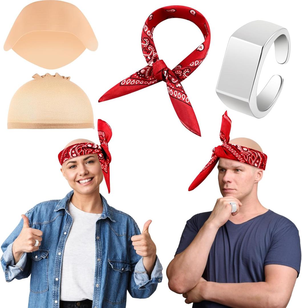 Crowye 2 Set Halloween Makeup Bald Cap and Hairnet with Head Scarf Ring Costume Set for Adults Cosplay Costume Party (Red)