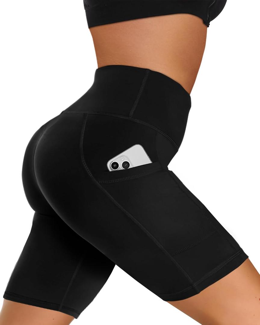 GAYHAY Biker Shorts Women with Pockets - 3"/5"/8" High Waisted Soft Tummy Control Workout Shorts for Yoga Athletic Gym (Large-X-Large, Black)